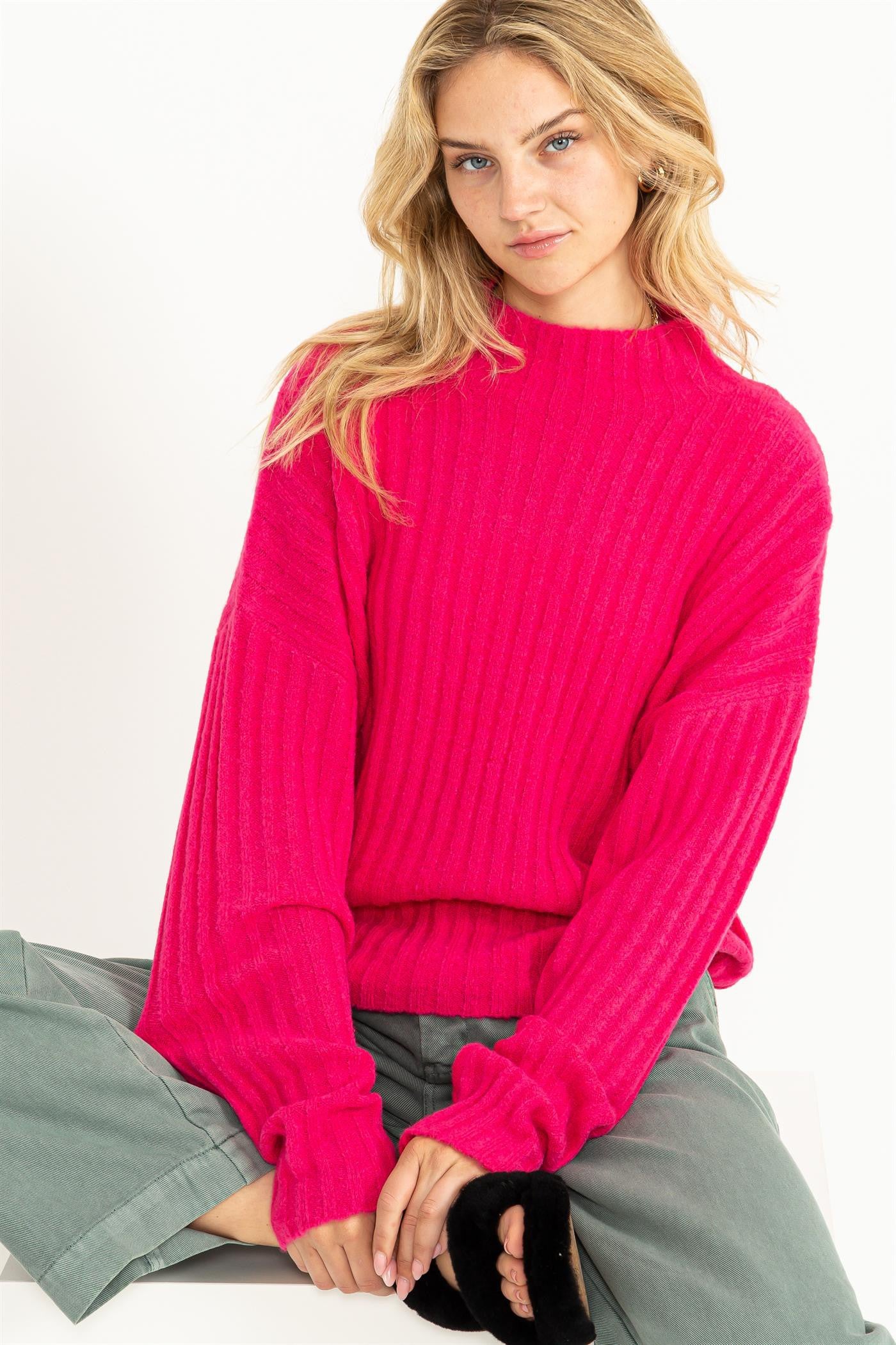 RIBBED KNIT SWEATER IN RASPERRY