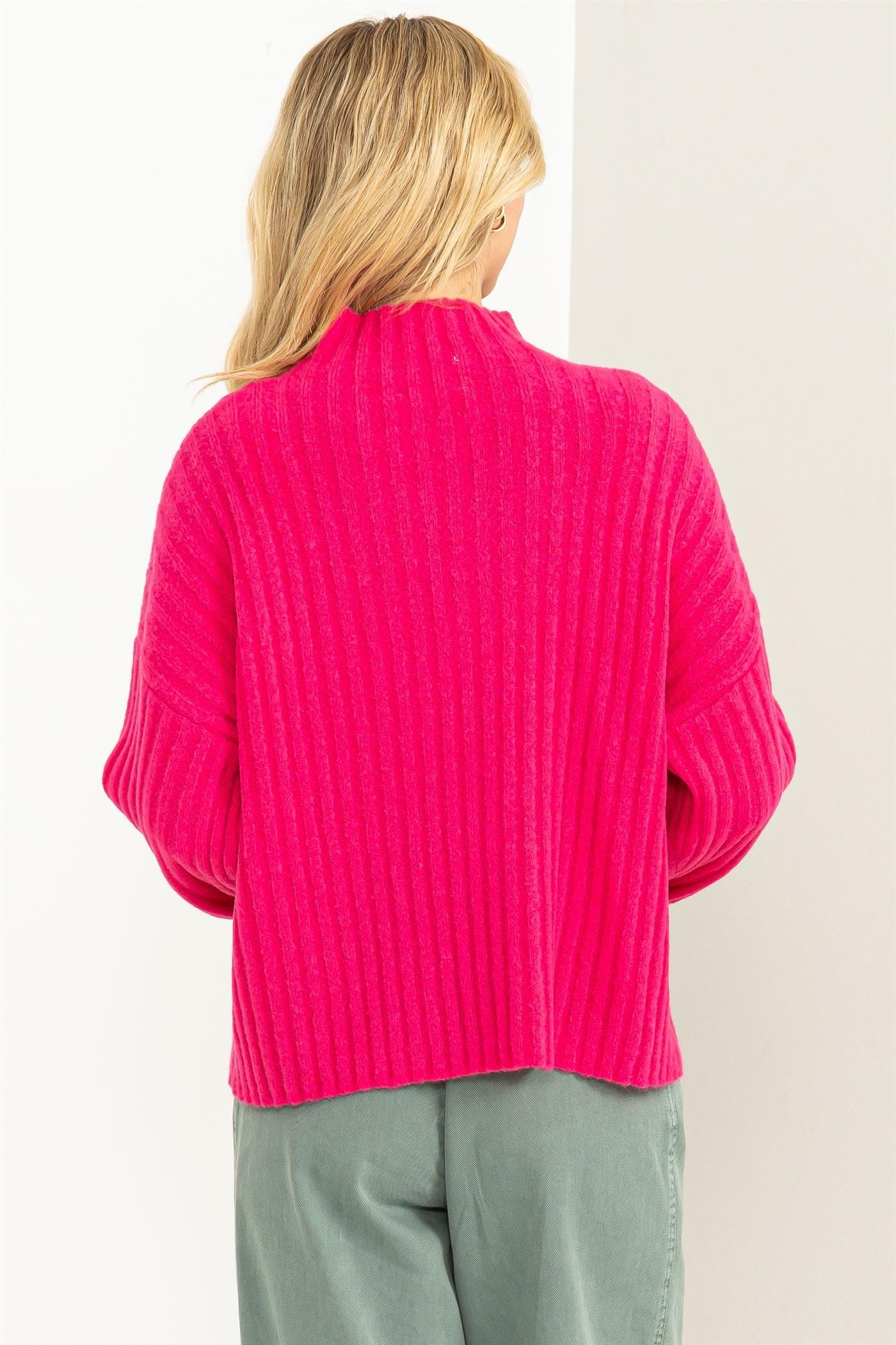 RIBBED KNIT SWEATER IN RASPERRY