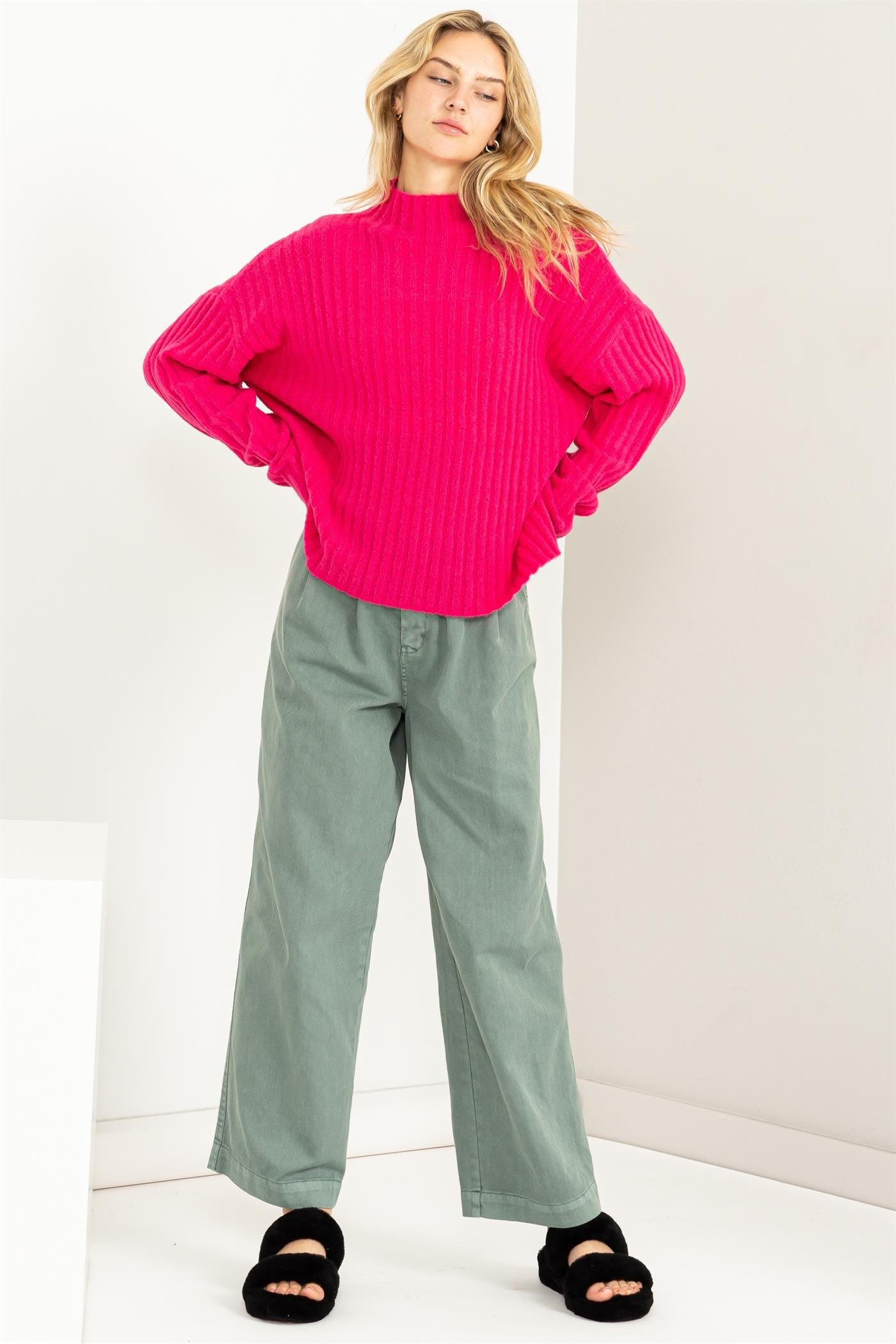 RIBBED KNIT SWEATER IN RASPERRY