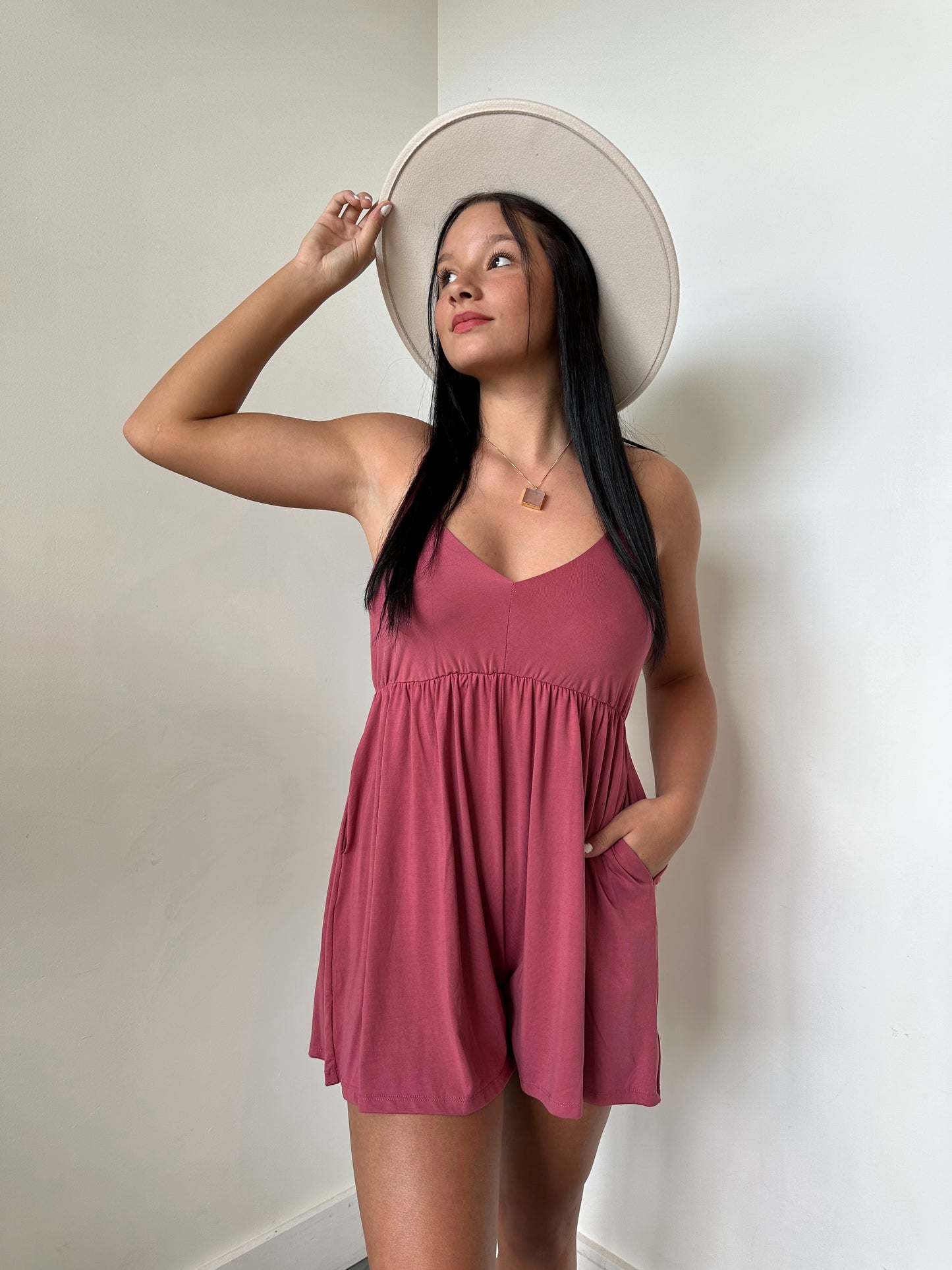ROMANCE ROMPER in MAUVE